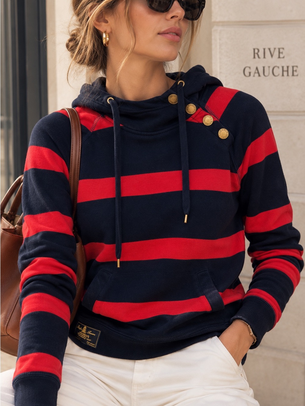Ralph Lauren Navy and Red Striped Hooded Pullover with Gold Buttons